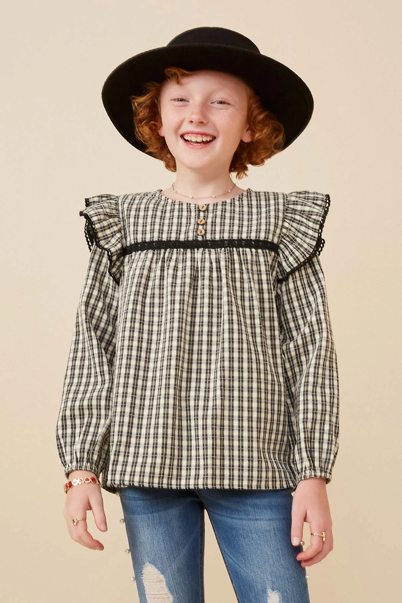 Checkered Lace Trim Ruffled Shoulder Top