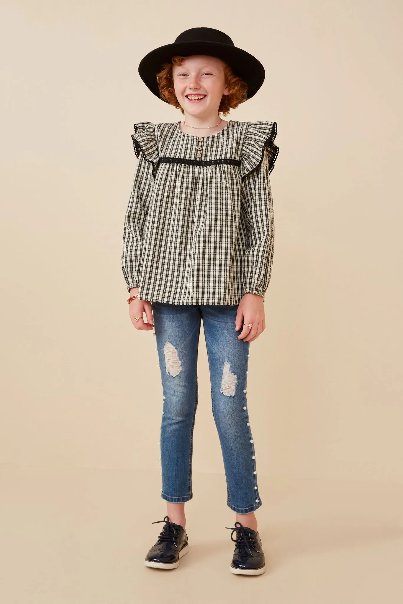 Checkered Lace Trim Ruffled Shoulder Top