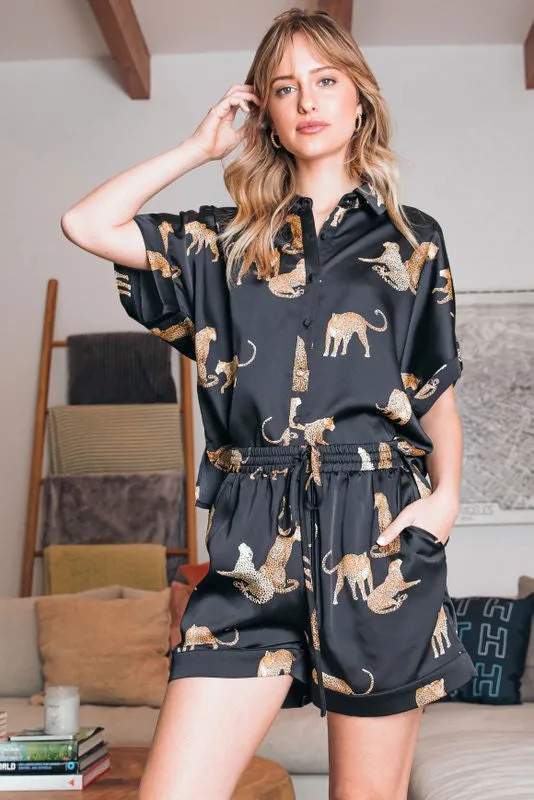 Cheetah Print Satin Lounge Set