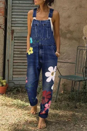 Chicindress Flower-printed Baggy Jeans With Suspenders(3 Colors)