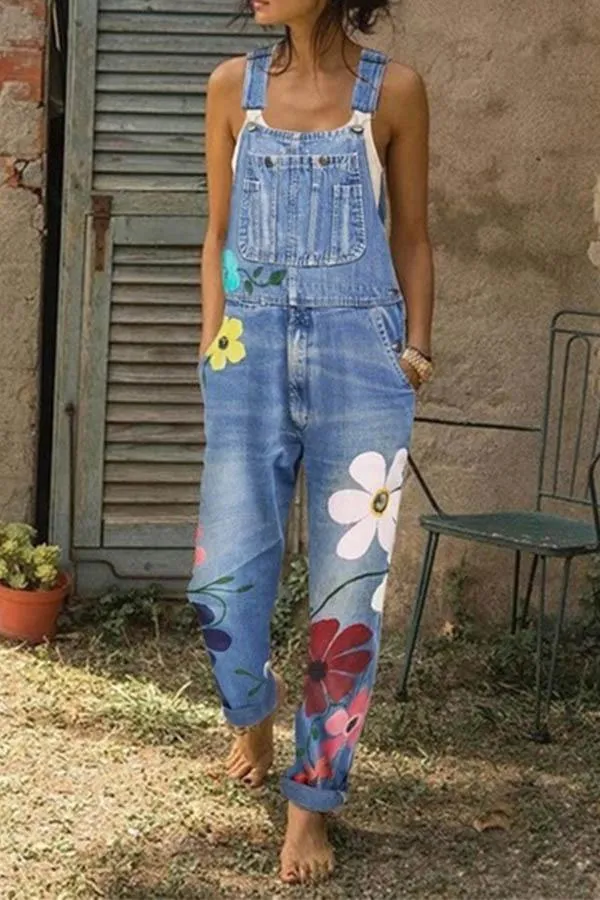 Chicindress Flower-printed Baggy Jeans With Suspenders(3 Colors)