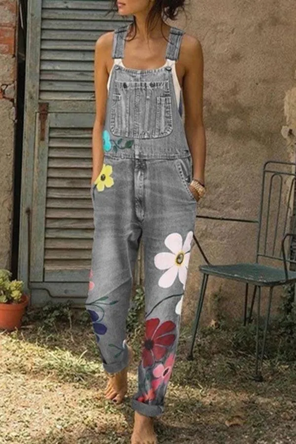 Chicindress Flower-printed Baggy Jeans With Suspenders(3 Colors)