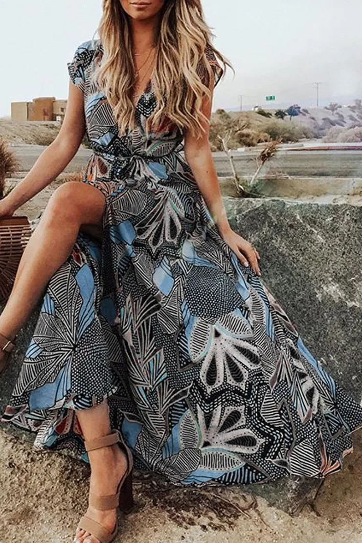 CityHottie Bohemian V Neck Printed Maxi Dress