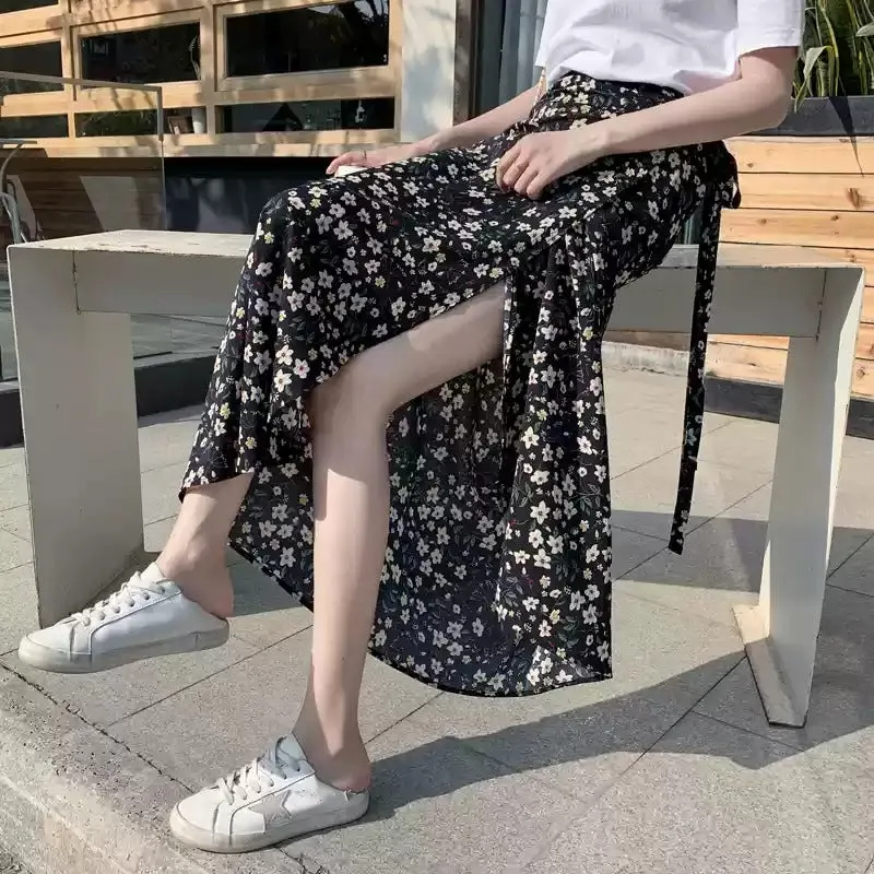 Classy White Print Elastic Waist A Line Skirts Chiffon Summer