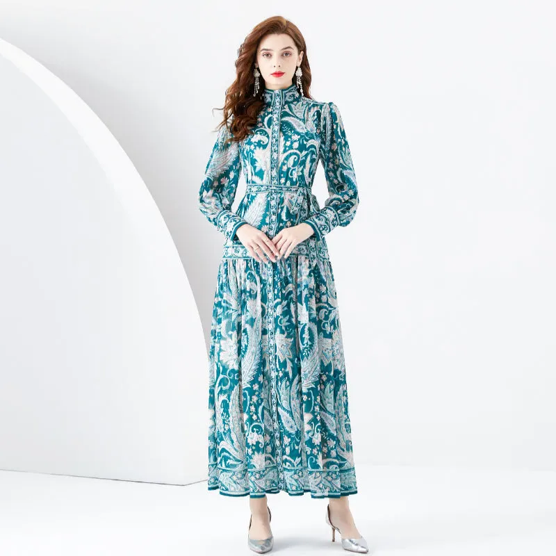 CM-DY001105 Women Retro European Style Stand Collar Lantern Sleeve Maxi Dress