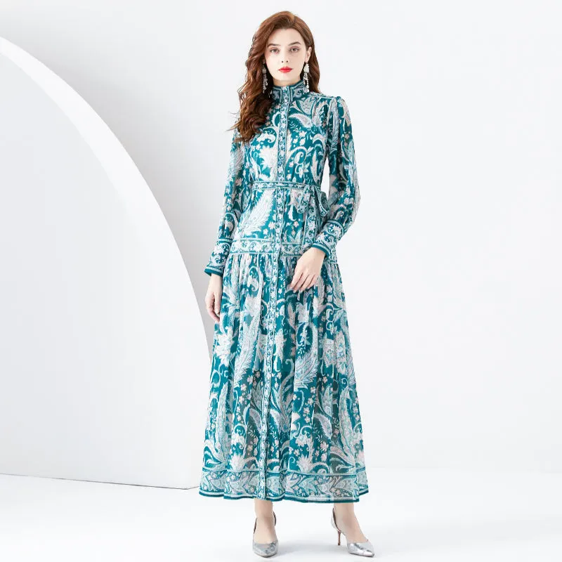 CM-DY001105 Women Retro European Style Stand Collar Lantern Sleeve Maxi Dress