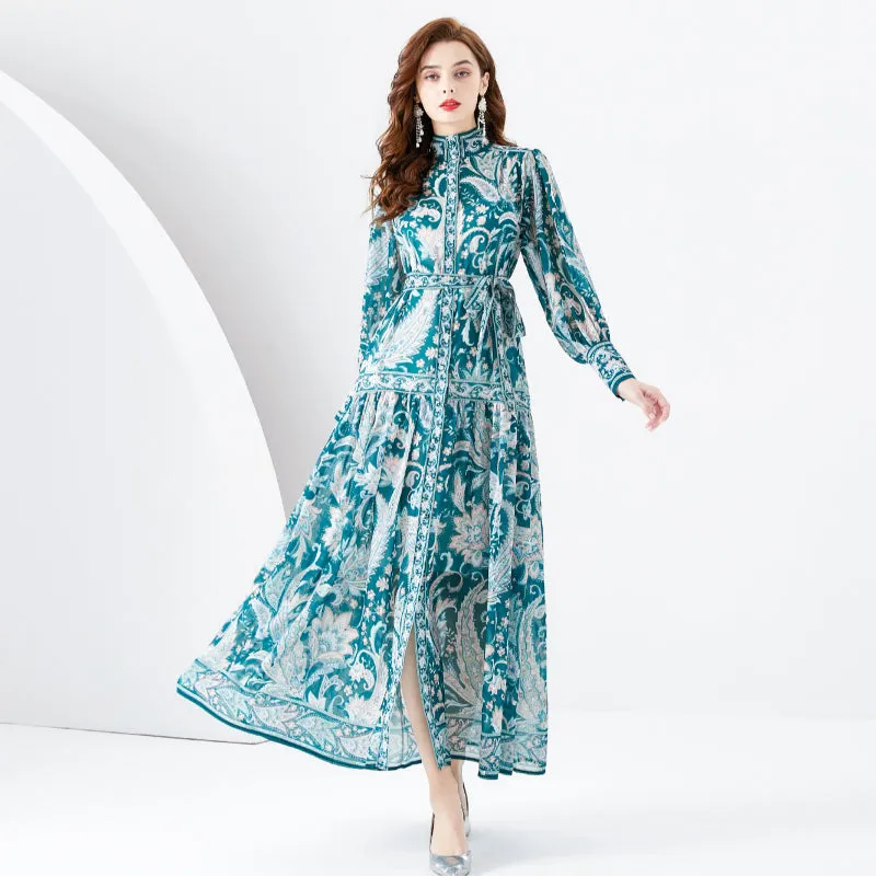 CM-DY001105 Women Retro European Style Stand Collar Lantern Sleeve Maxi Dress