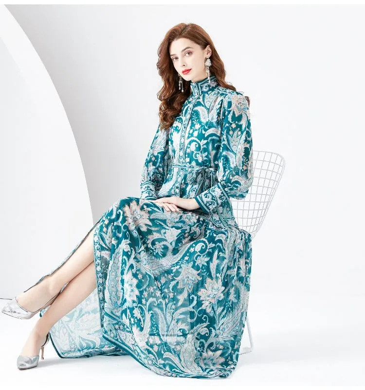CM-DY001105 Women Retro European Style Stand Collar Lantern Sleeve Maxi Dress