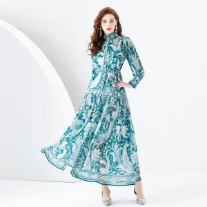 CM-DY001105 Women Retro European Style Stand Collar Lantern Sleeve Maxi Dress