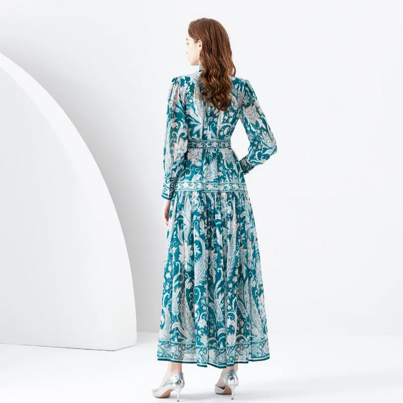 CM-DY001105 Women Retro European Style Stand Collar Lantern Sleeve Maxi Dress