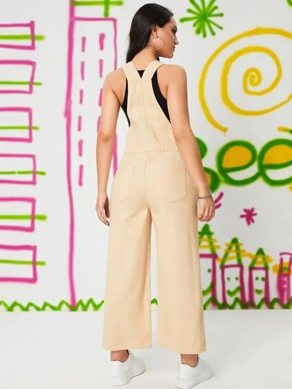 CM-JS346458 Women Preppy Seoul Style Patched Pocket Denim Overalls - Beige