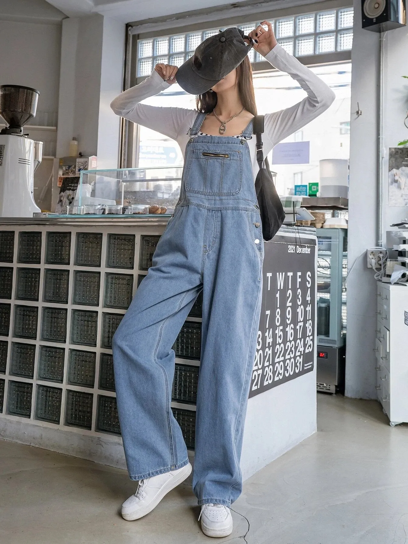 CM-JS359259 Women Preppy Seoul Style Light Wash Slant Pocket Denim Overalls