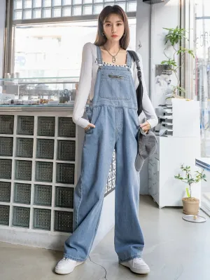CM-JS359259 Women Preppy Seoul Style Light Wash Slant Pocket Denim Overalls