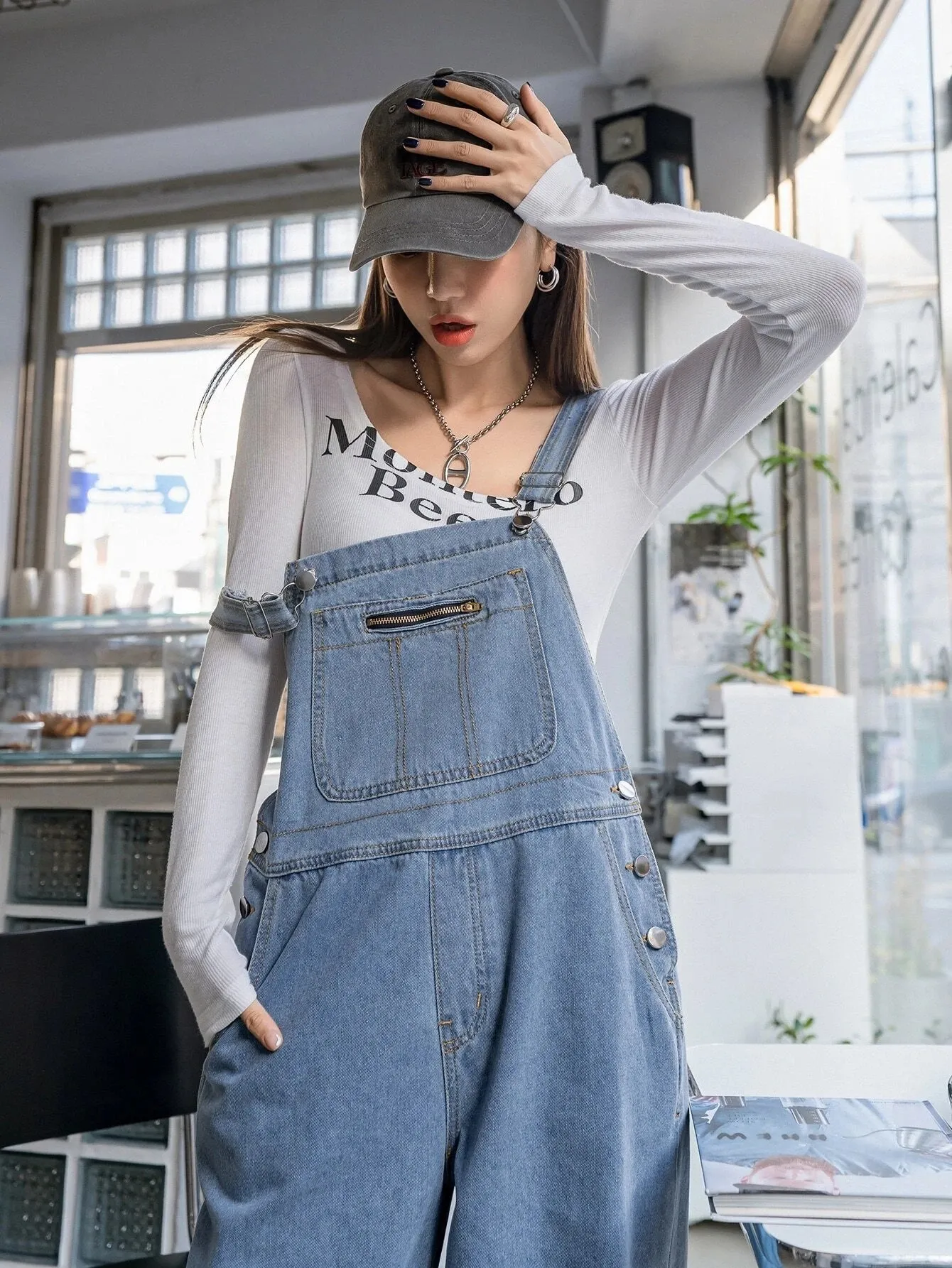 CM-JS359259 Women Preppy Seoul Style Light Wash Slant Pocket Denim Overalls