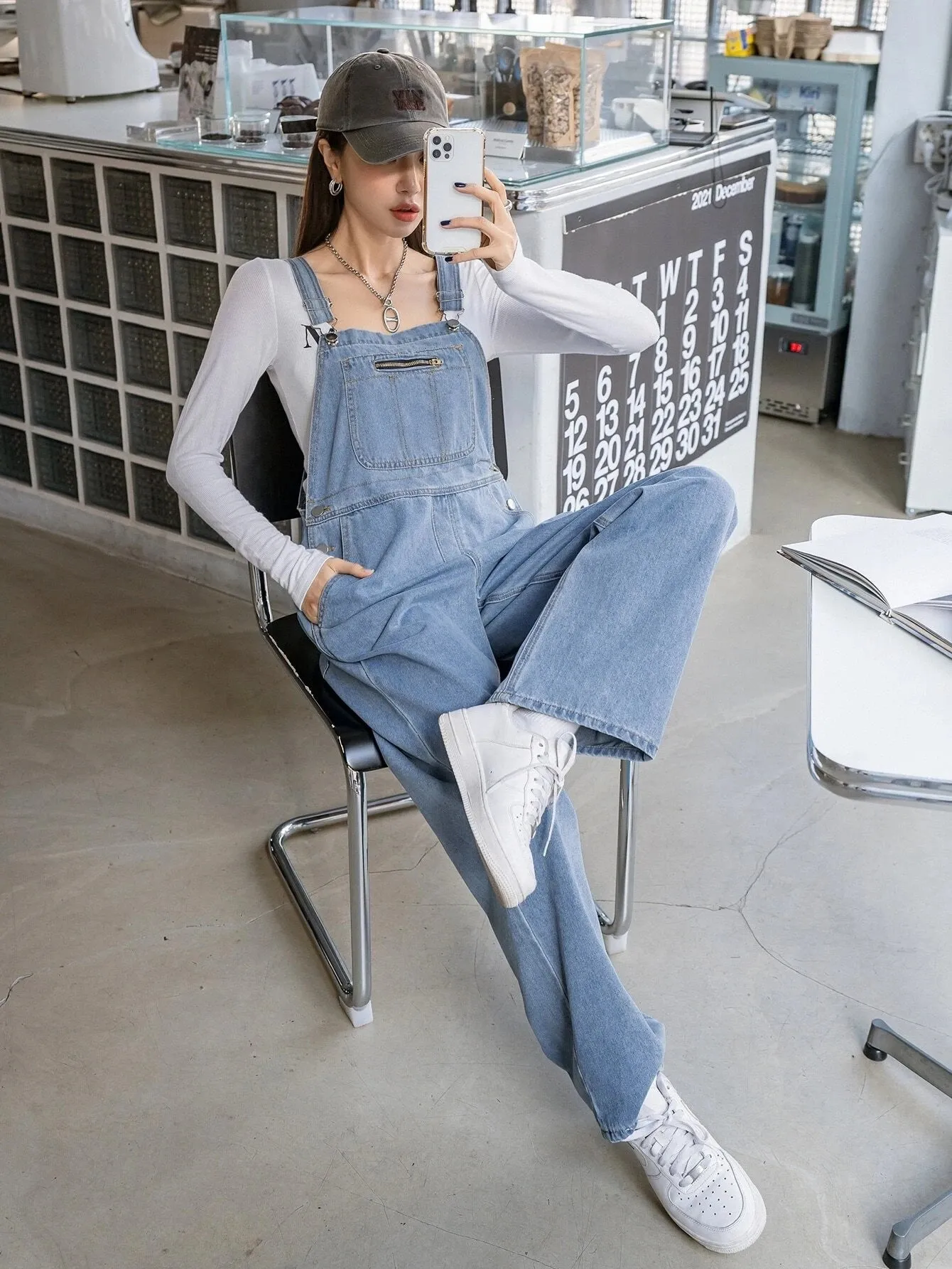 CM-JS359259 Women Preppy Seoul Style Light Wash Slant Pocket Denim Overalls