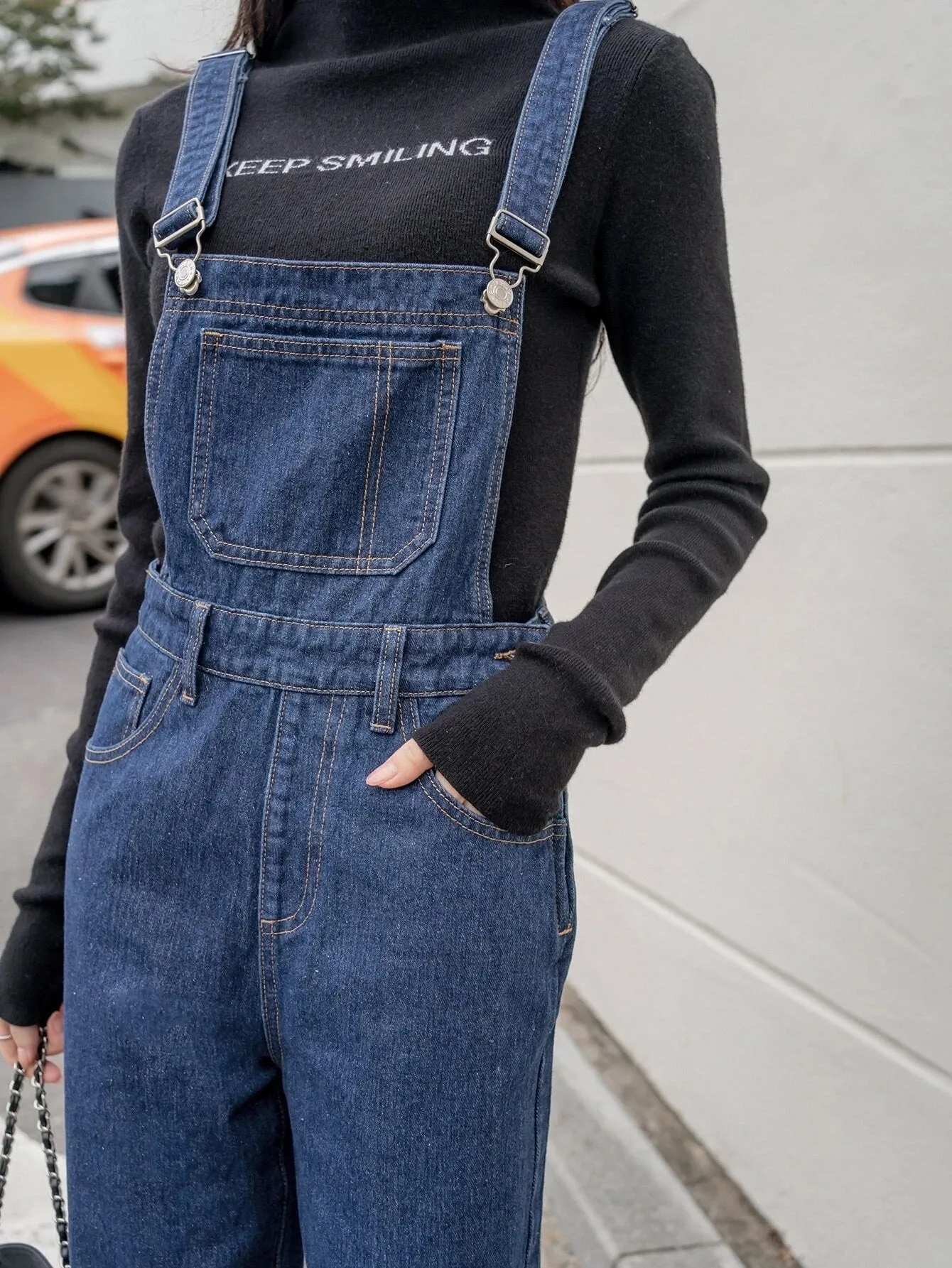 CM-JS385231 Women Preppy Seoul Style Medium Wash Slant Pocket Denim Overalls