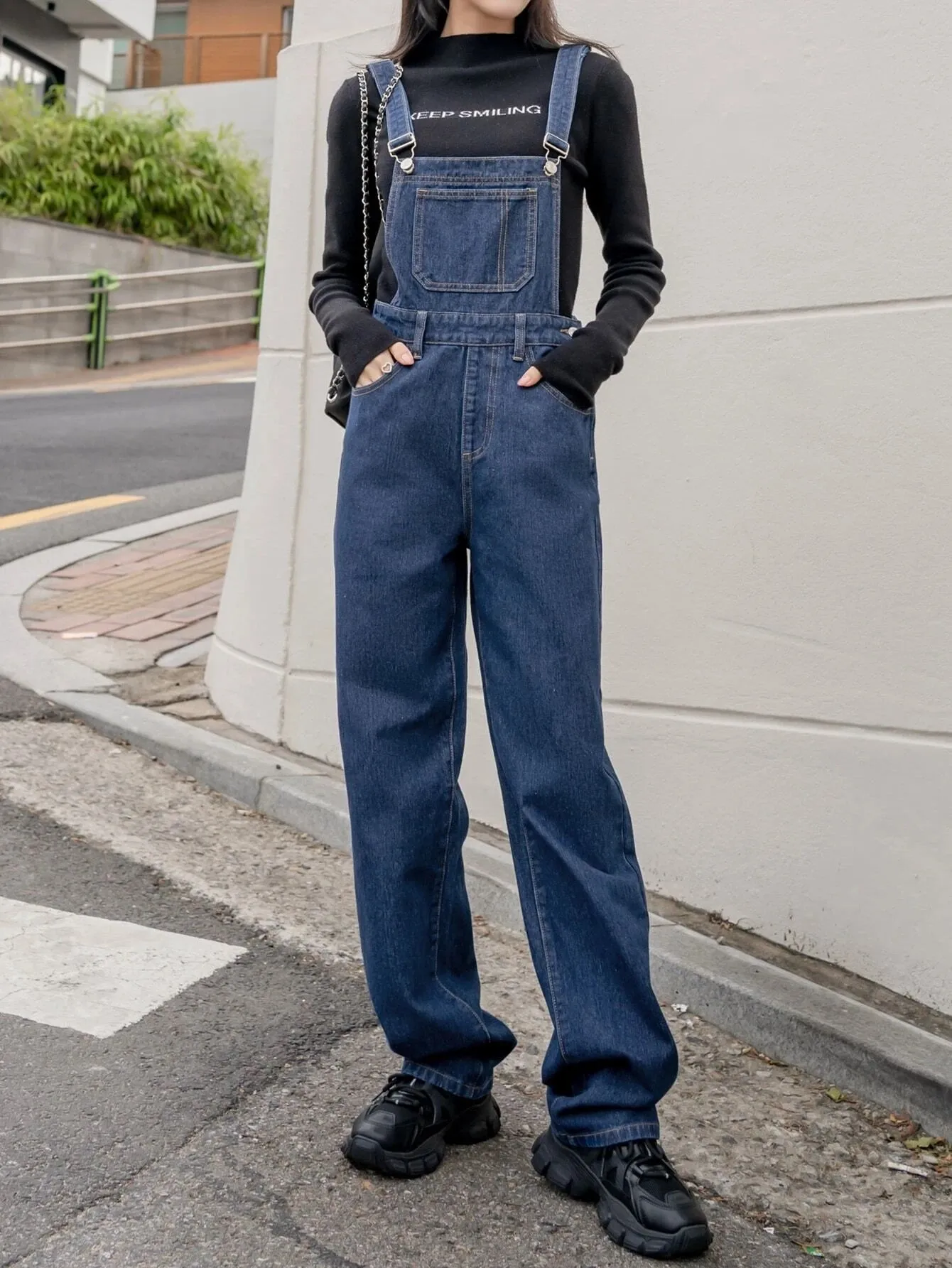 CM-JS385231 Women Preppy Seoul Style Medium Wash Slant Pocket Denim Overalls