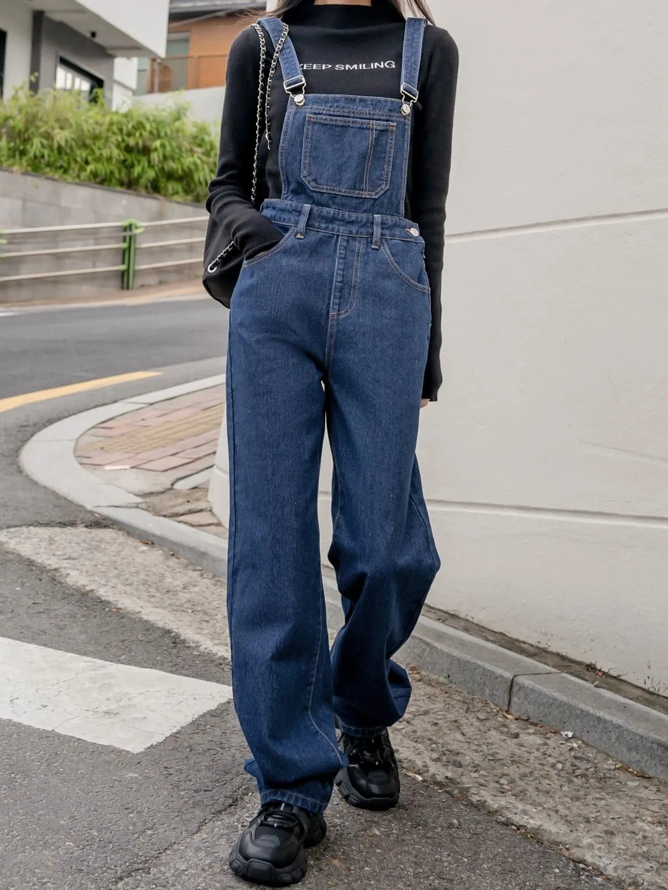 CM-JS385231 Women Preppy Seoul Style Medium Wash Slant Pocket Denim Overalls