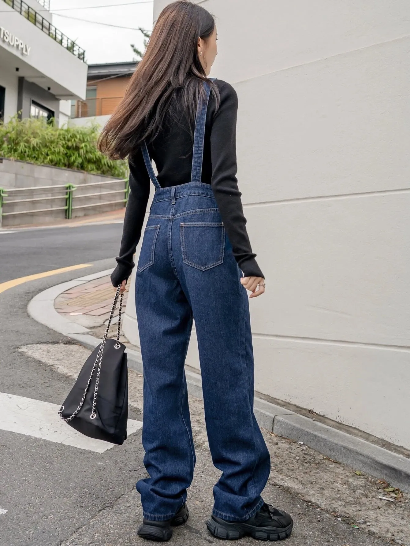 CM-JS385231 Women Preppy Seoul Style Medium Wash Slant Pocket Denim Overalls