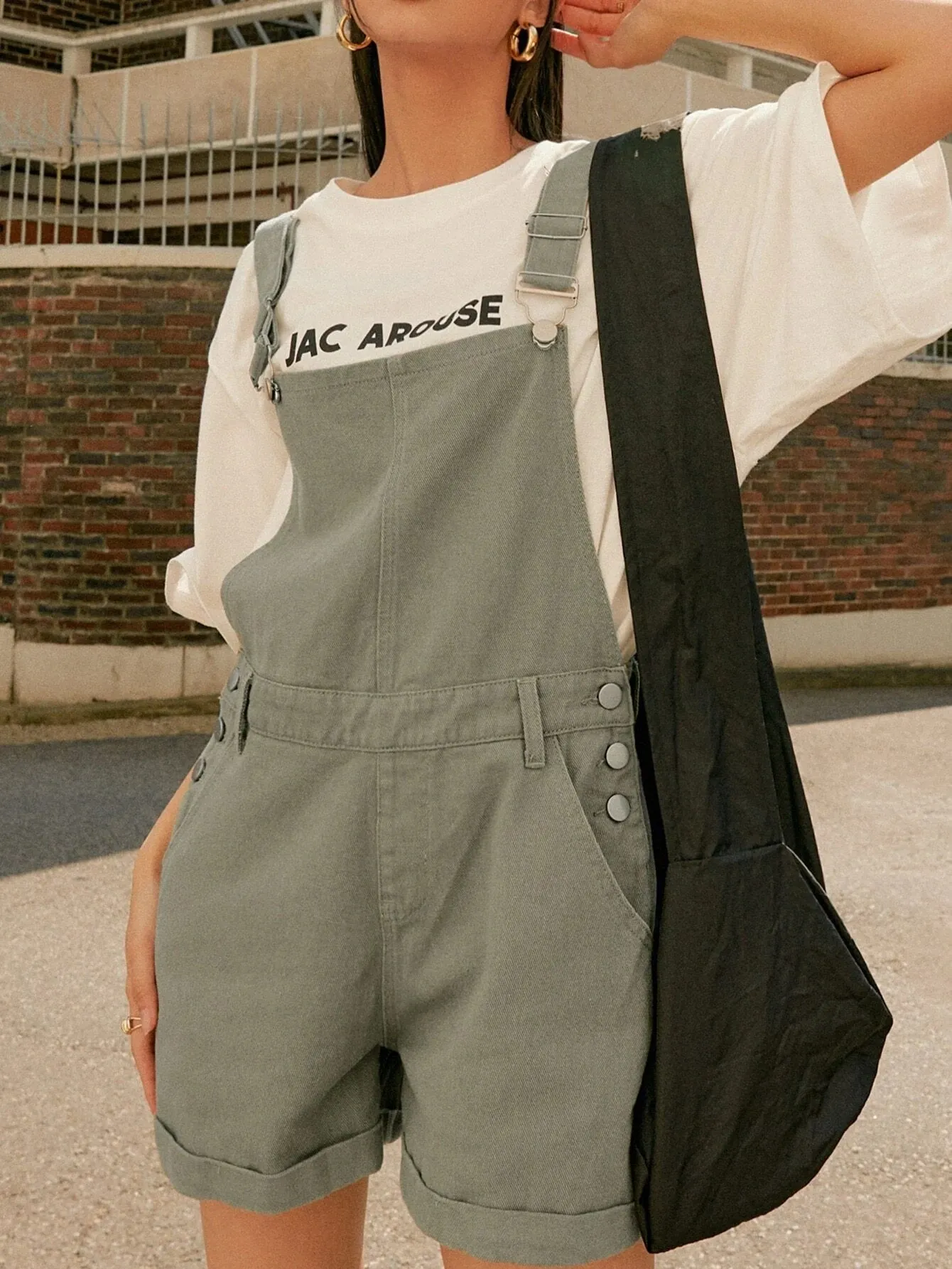 CM-JS539361 Women Preppy Seoul Style Roll Hem Slant Pocket Denim Overall Jumpsuit