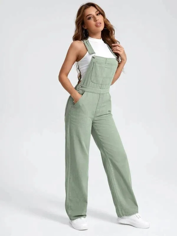 CM-JS564446 Women Preppy Seoul Style Patched Pocket Denim Overalls - Mint Green