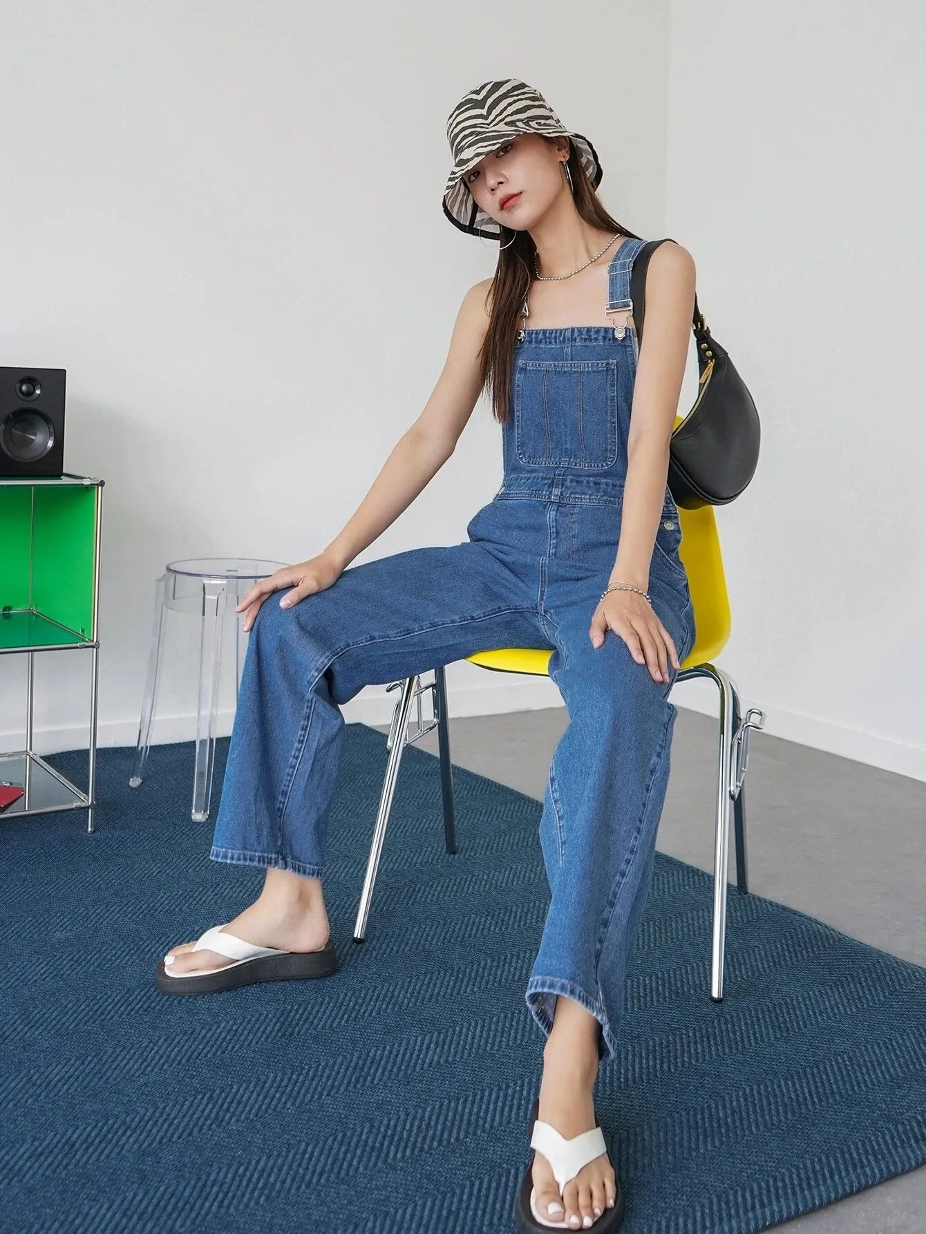CM-JS609672 Women Preppy Seoul Style Medium Wash Pocket Patched Wide Leg Denim Overalls