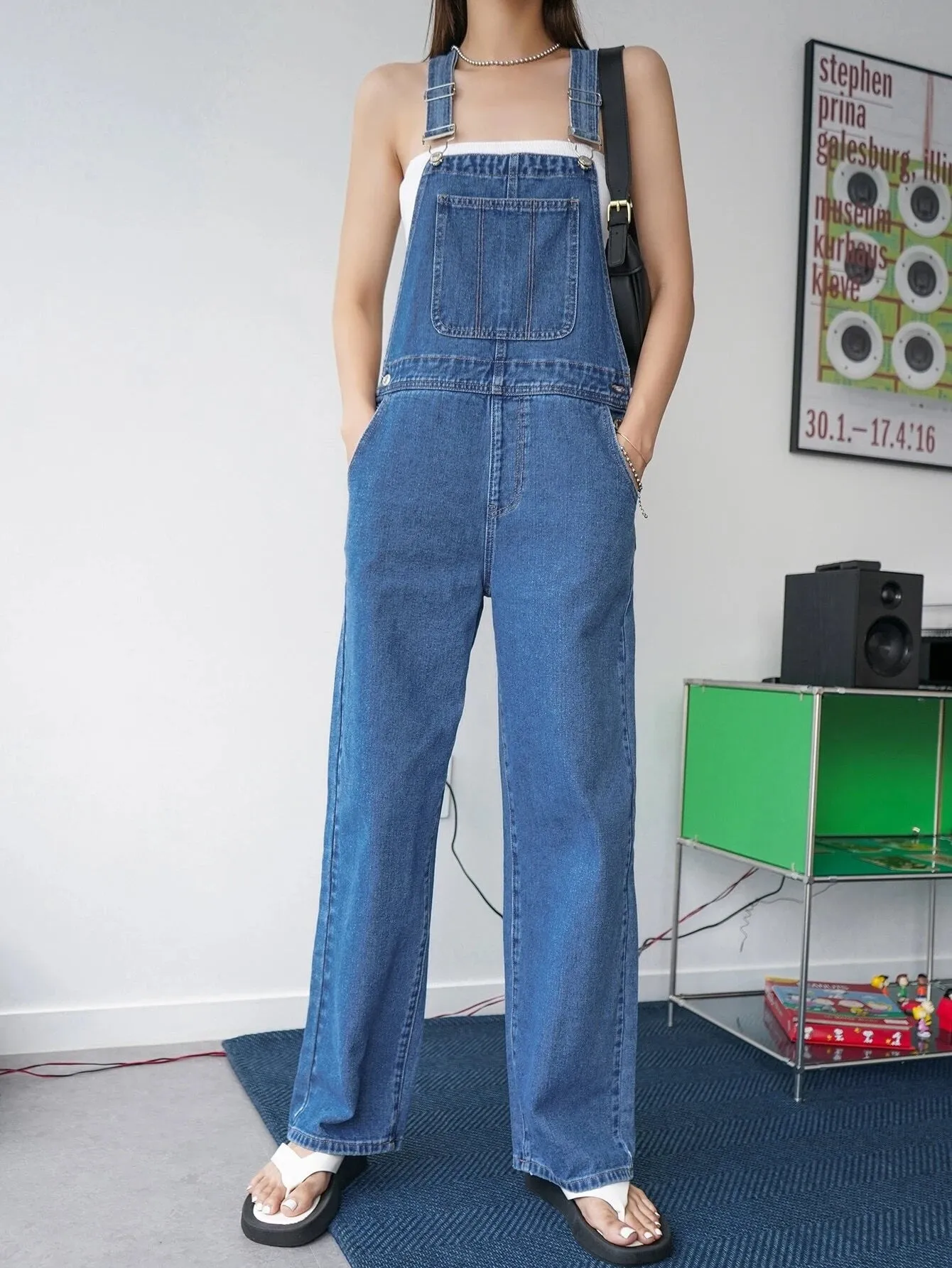 CM-JS609672 Women Preppy Seoul Style Medium Wash Pocket Patched Wide Leg Denim Overalls