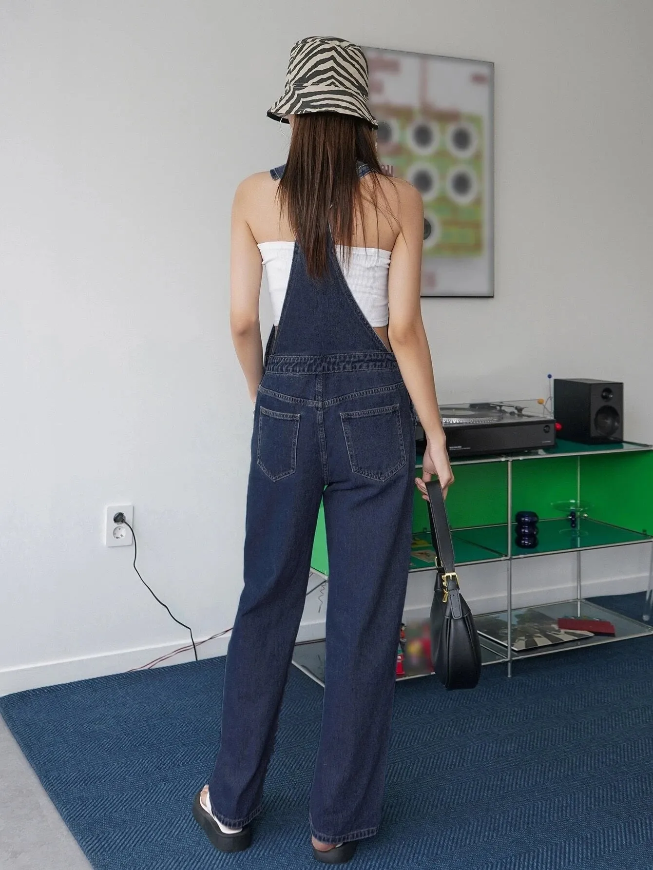 CM-JS885157 Women Preppy Seoul Style Dark Wash Pocket Patched Wide Leg Denim Overalls