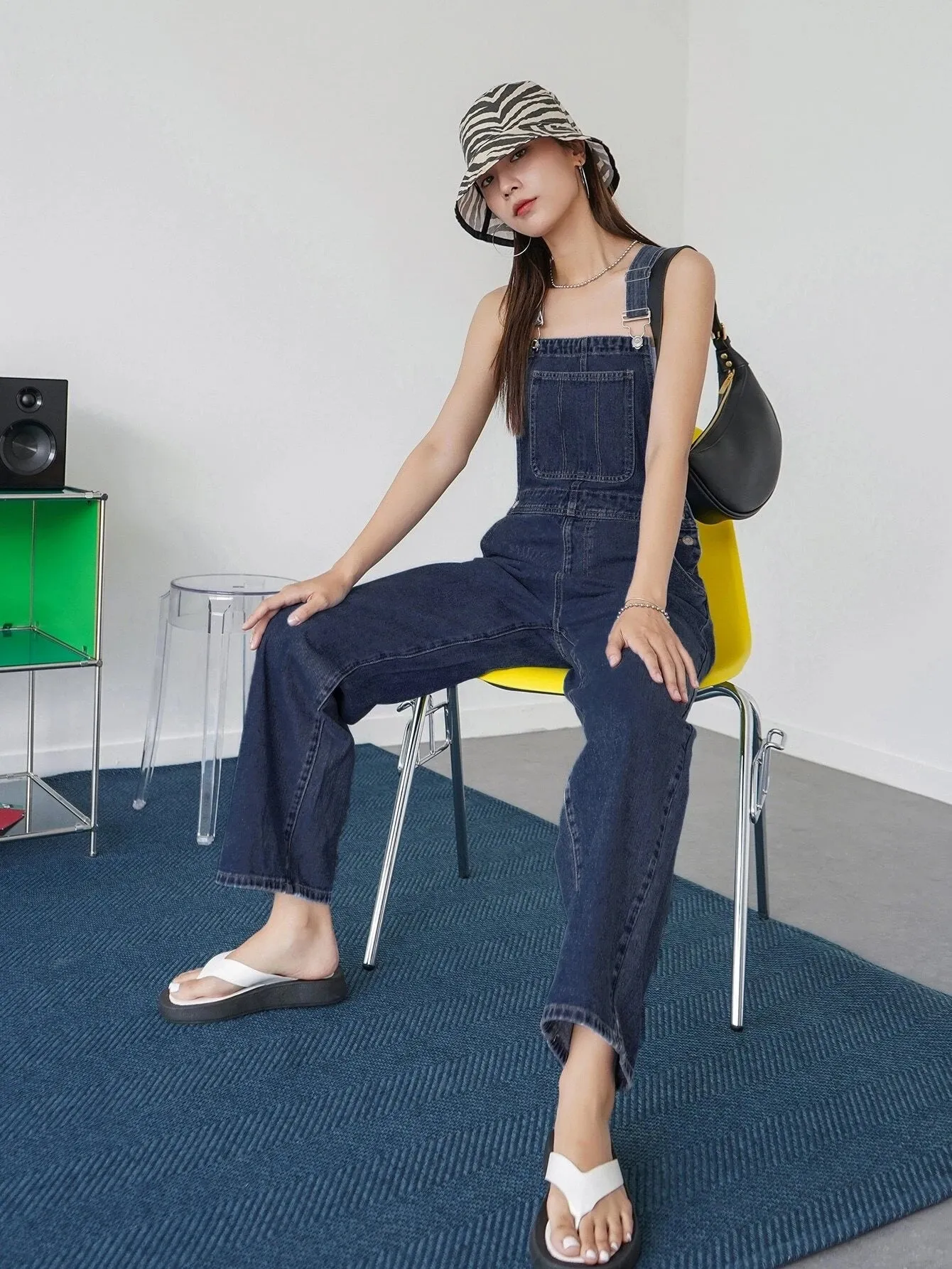 CM-JS885157 Women Preppy Seoul Style Dark Wash Pocket Patched Wide Leg Denim Overalls