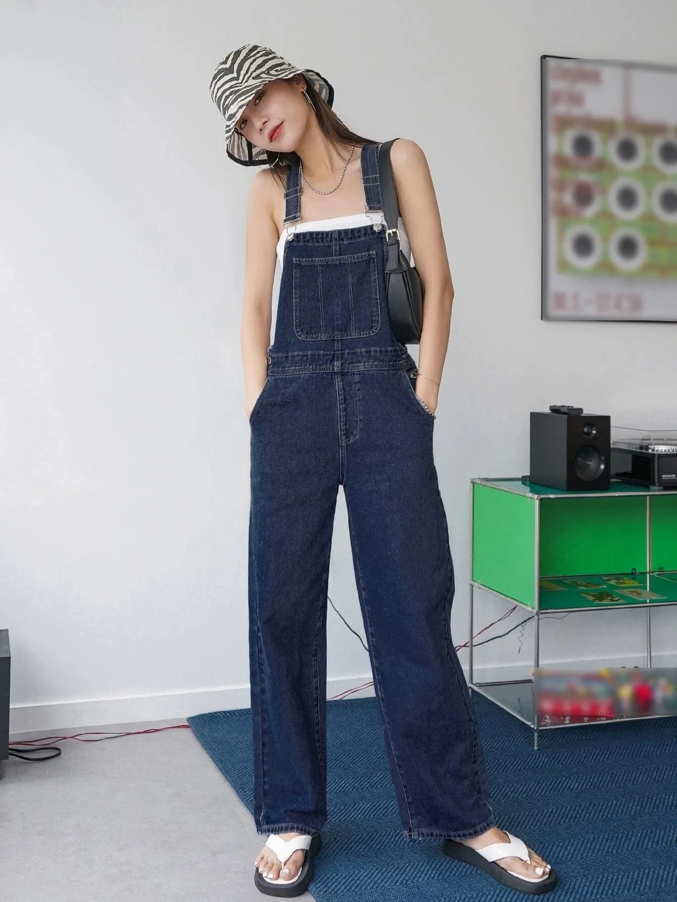 CM-JS885157 Women Preppy Seoul Style Dark Wash Pocket Patched Wide Leg Denim Overalls