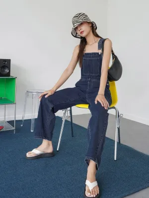 CM-JS885157 Women Preppy Seoul Style Dark Wash Pocket Patched Wide Leg Denim Overalls
