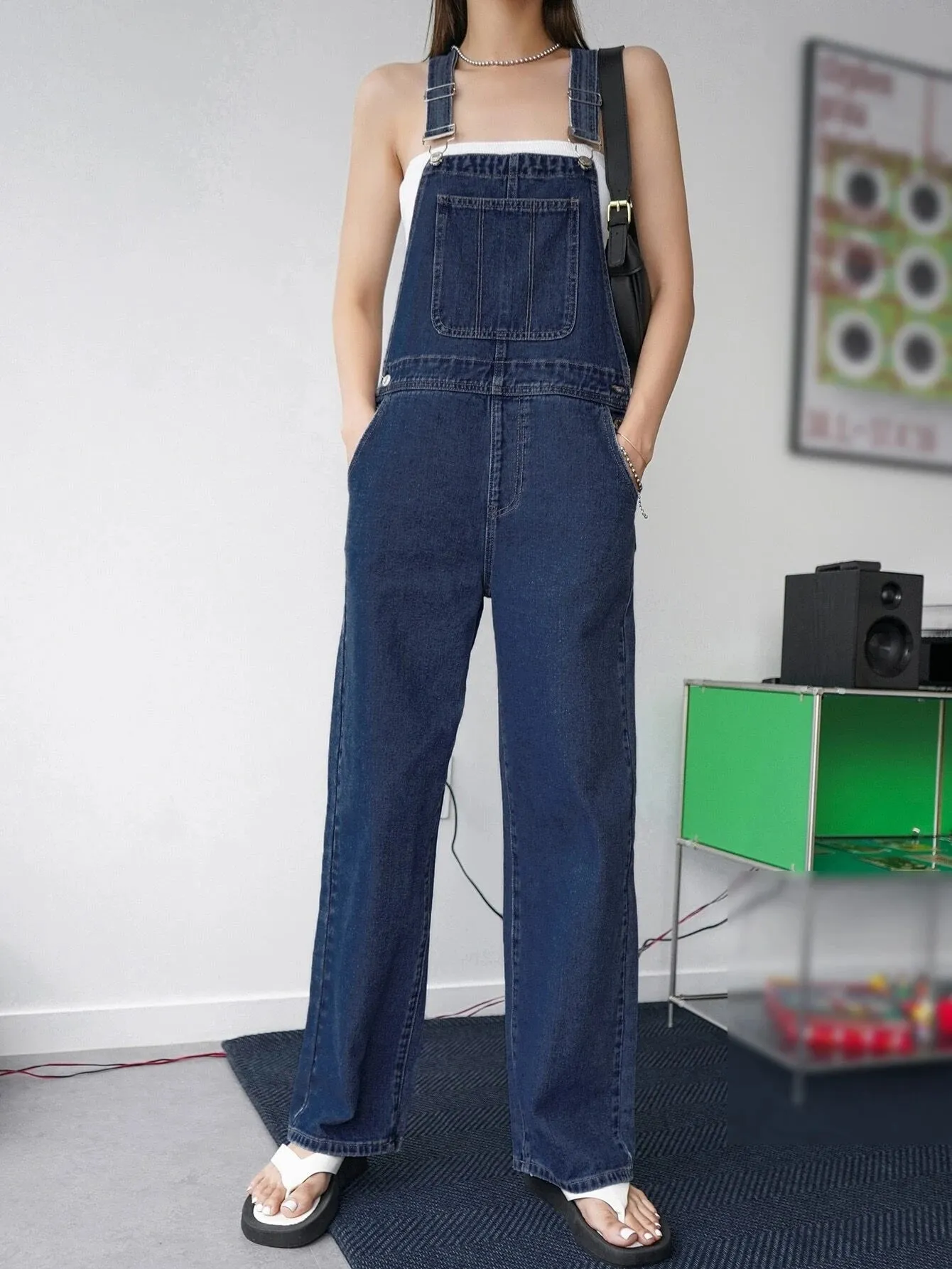 CM-JS885157 Women Preppy Seoul Style Dark Wash Pocket Patched Wide Leg Denim Overalls