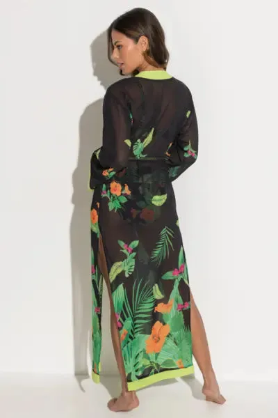Colour Block Maxi Chiffon Kimono In Tropical  - Pour Moi