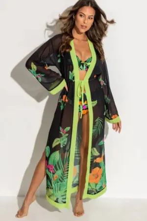 Colour Block Maxi Chiffon Kimono In Tropical  - Pour Moi
