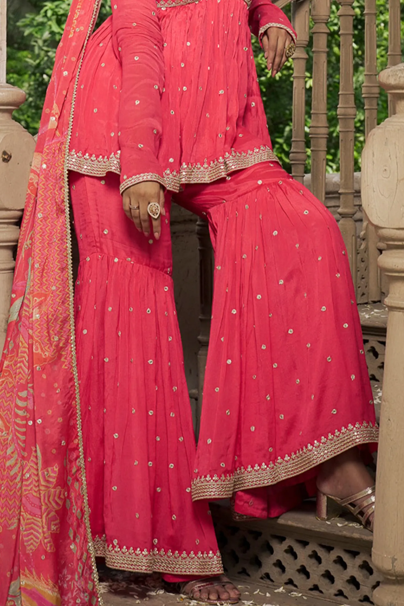 Coral Pink Peplum Top with Sharara Pants Co-ord with Printed Dupatta