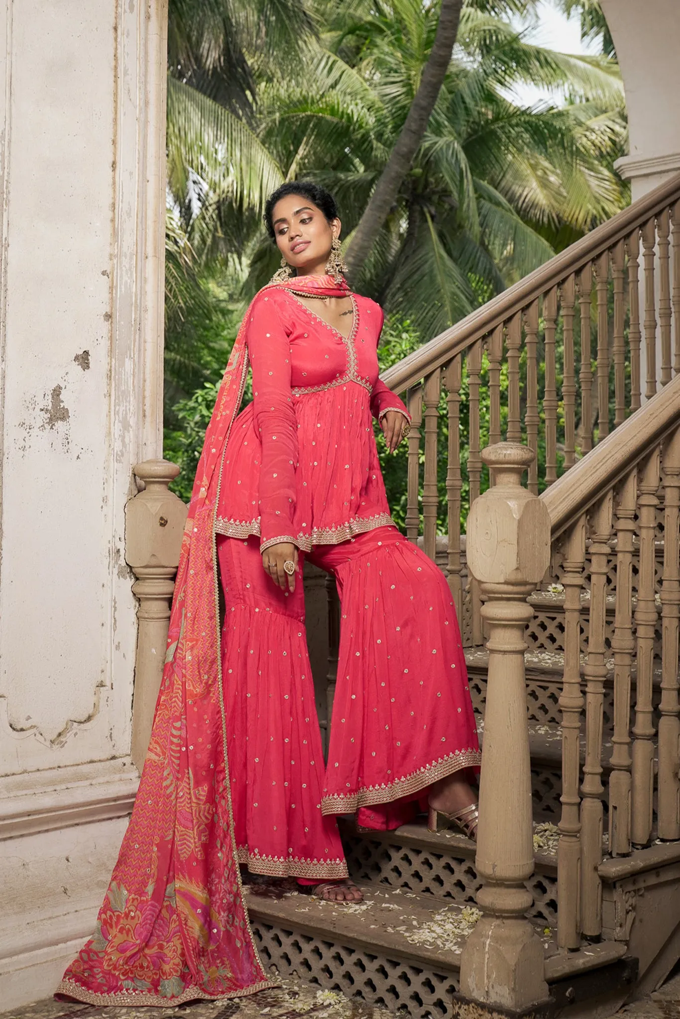 Coral Pink Peplum Top with Sharara Pants Co-ord with Printed Dupatta