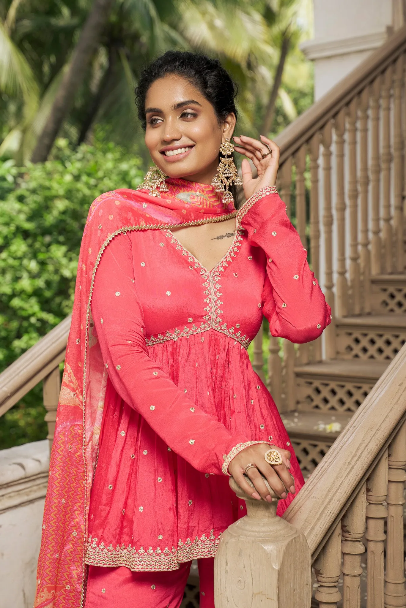 Coral Pink Peplum Top with Sharara Pants Co-ord with Printed Dupatta