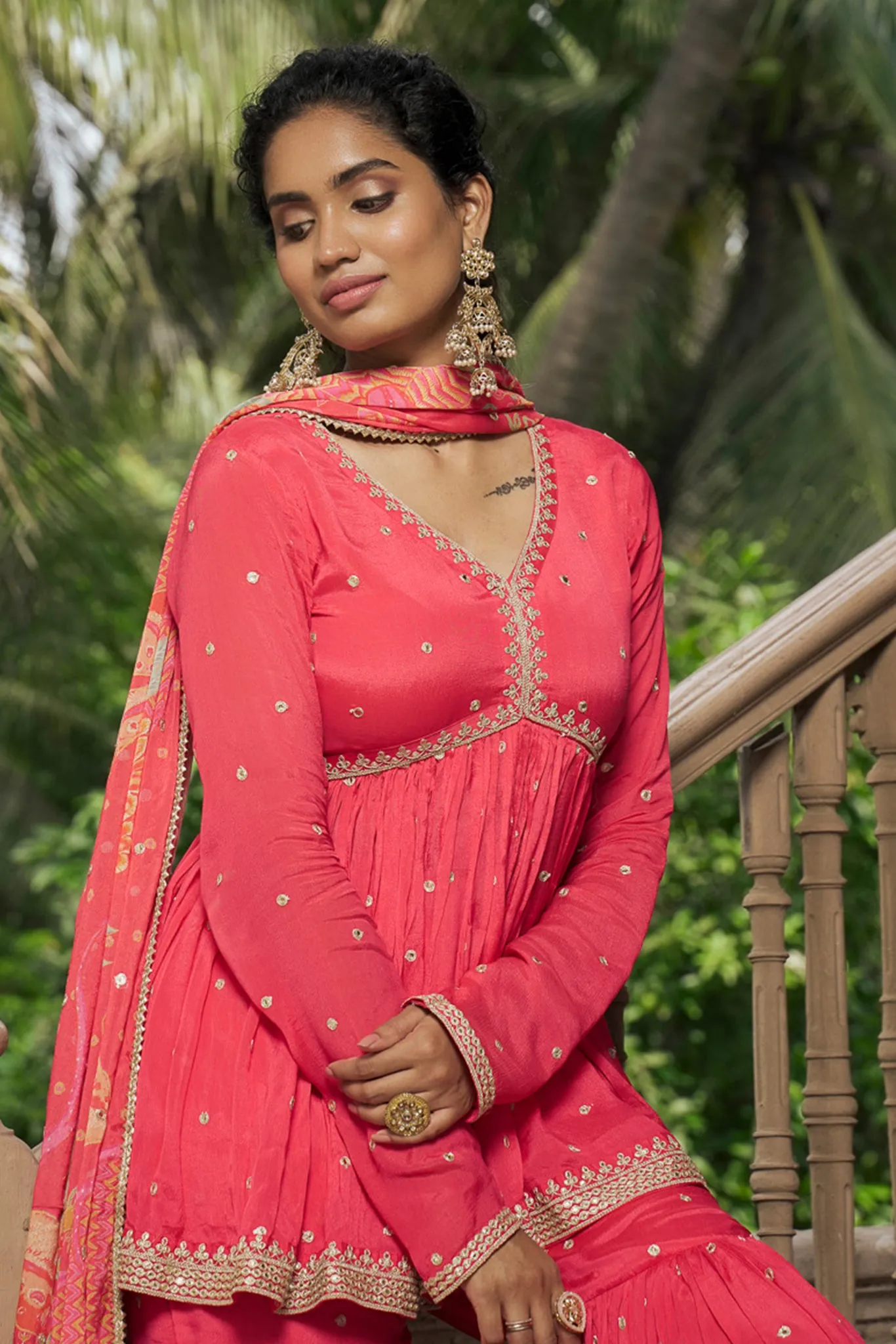 Coral Pink Peplum Top with Sharara Pants Co-ord with Printed Dupatta