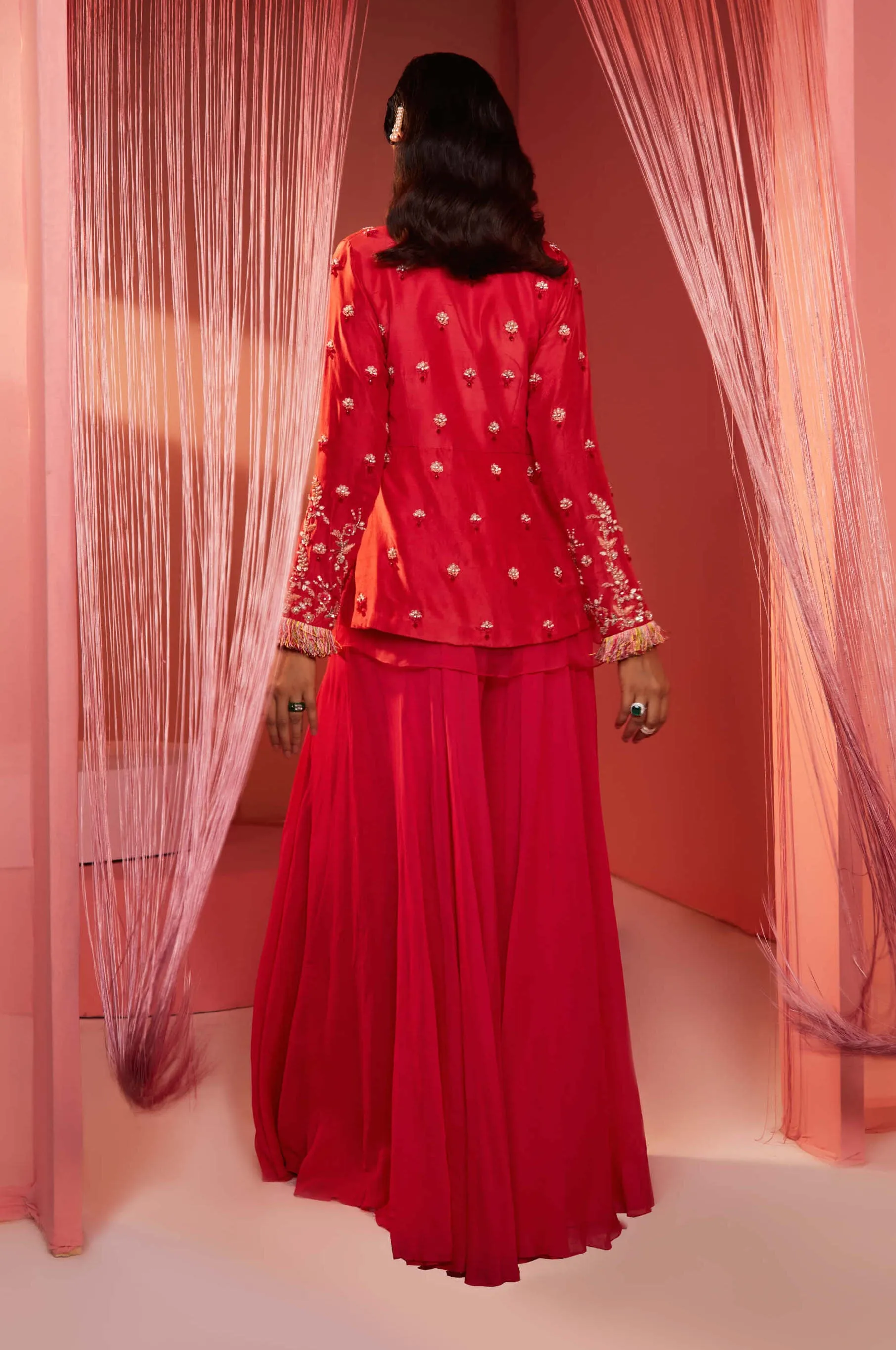 Coral Red Peplum Jacket with Palazzo