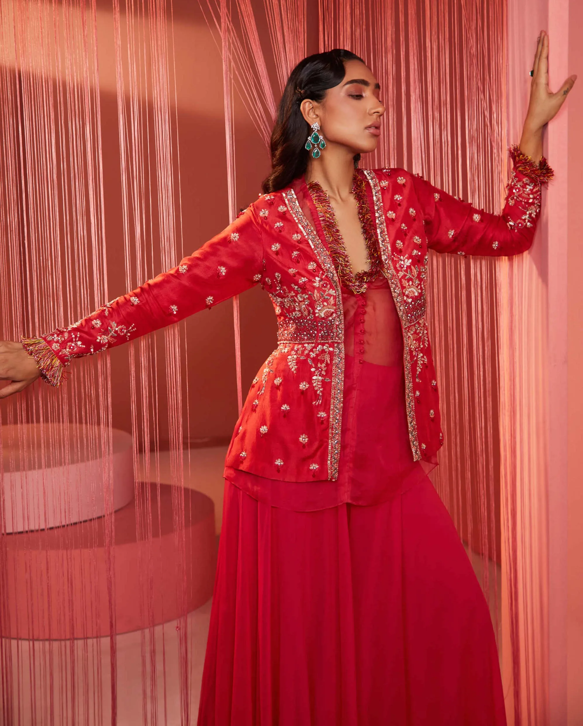 Coral Red Peplum Jacket with Palazzo