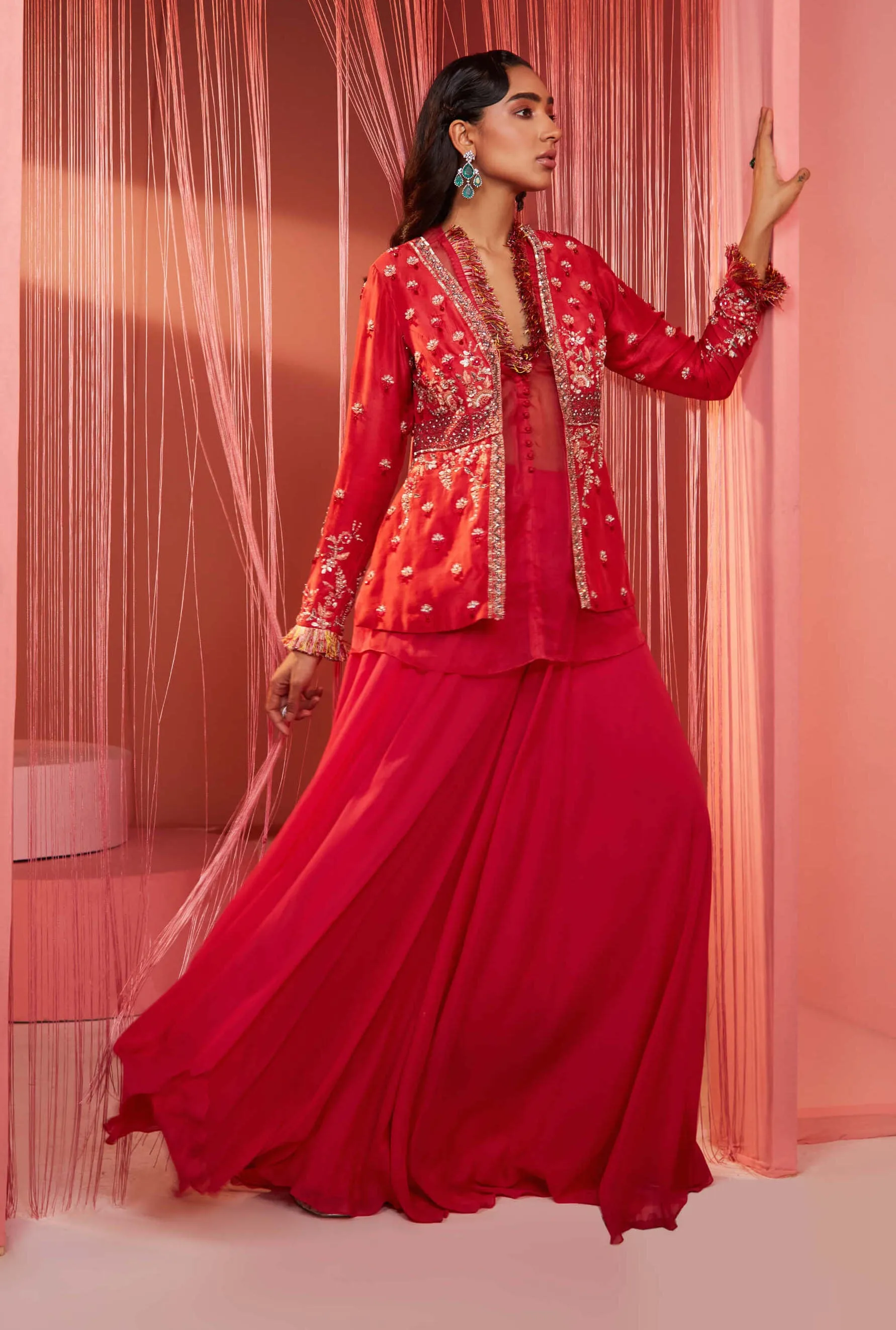 Coral Red Peplum Jacket with Palazzo