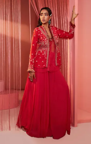 Coral Red Peplum Jacket with Palazzo