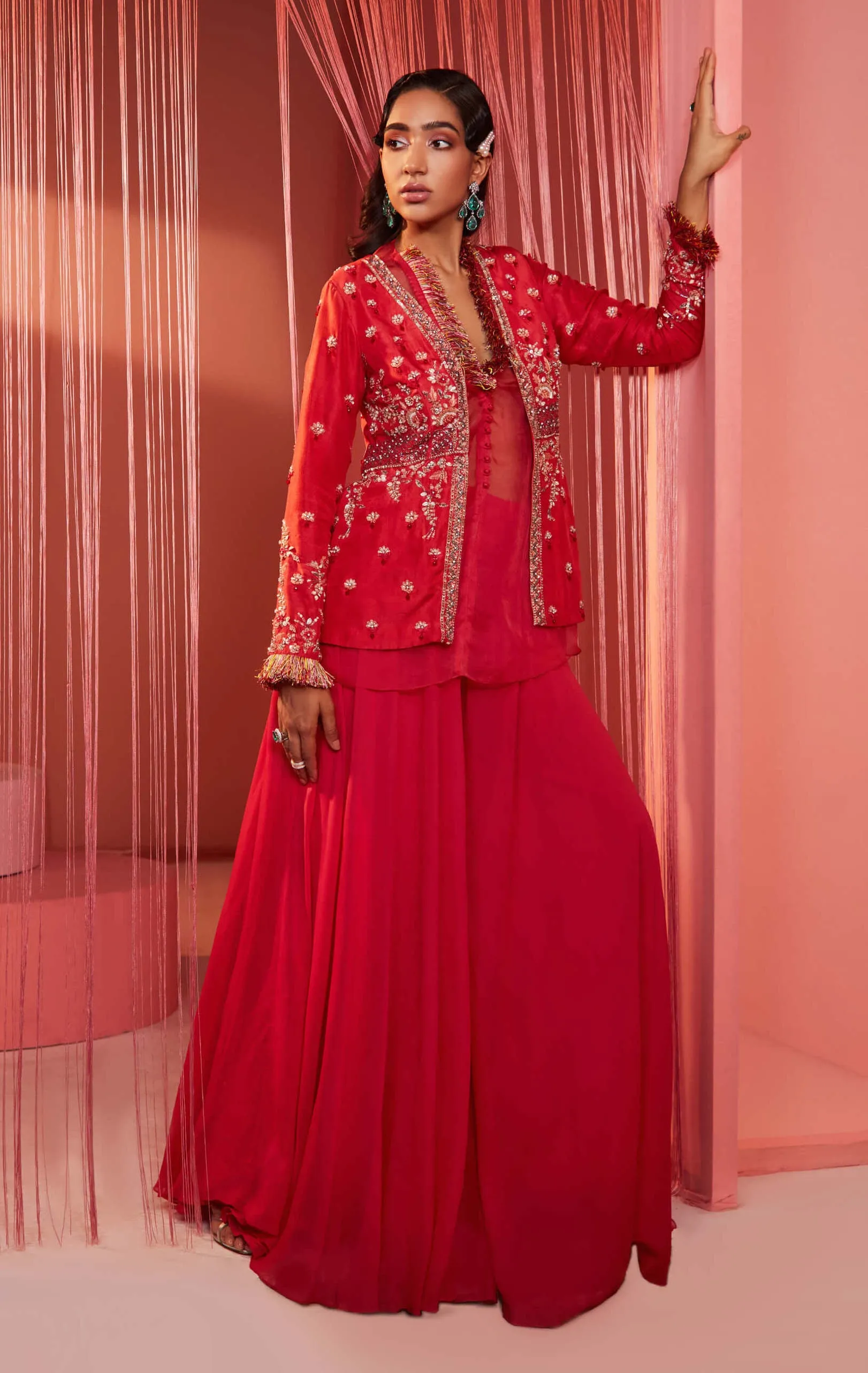 Coral Red Peplum Jacket with Palazzo