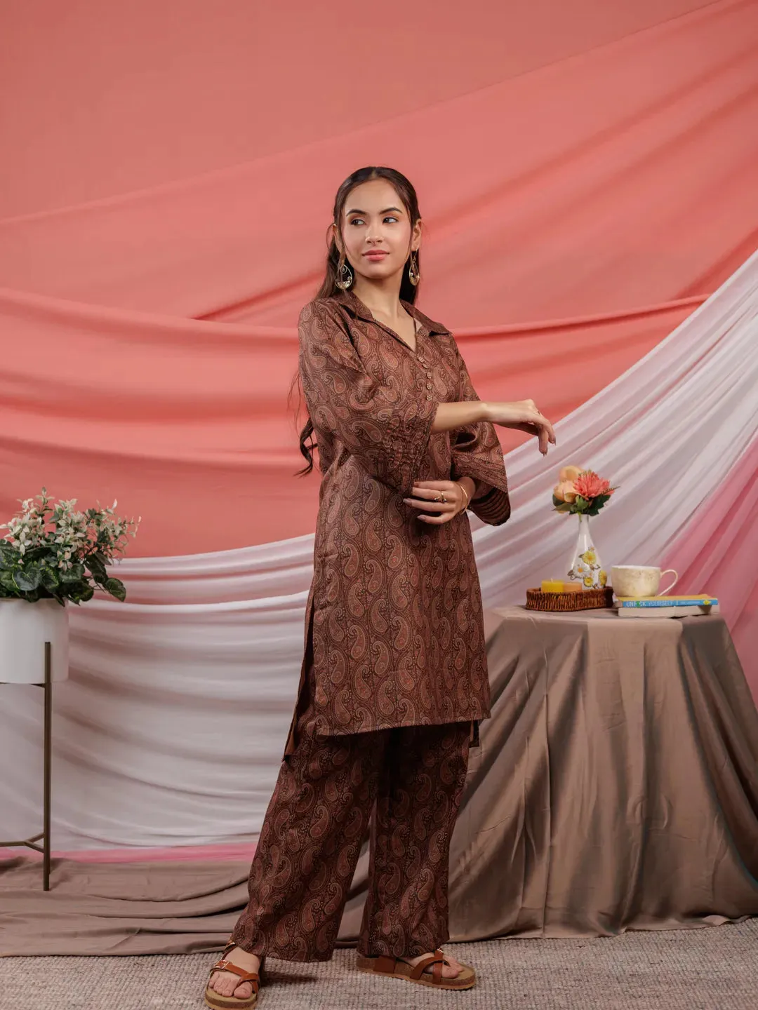 Cotton Brown Digital Printed Workwear Co Ord Set With Pintuck Detailing On Flared Sleeves