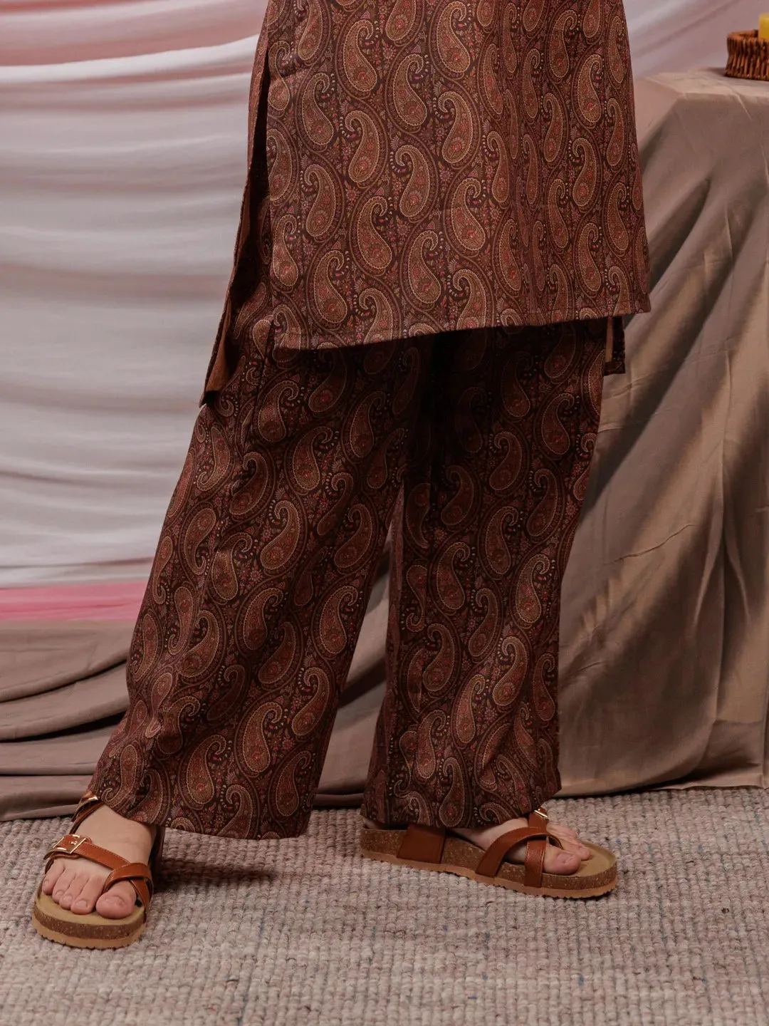 Cotton Brown Digital Printed Workwear Co Ord Set With Pintuck Detailing On Flared Sleeves