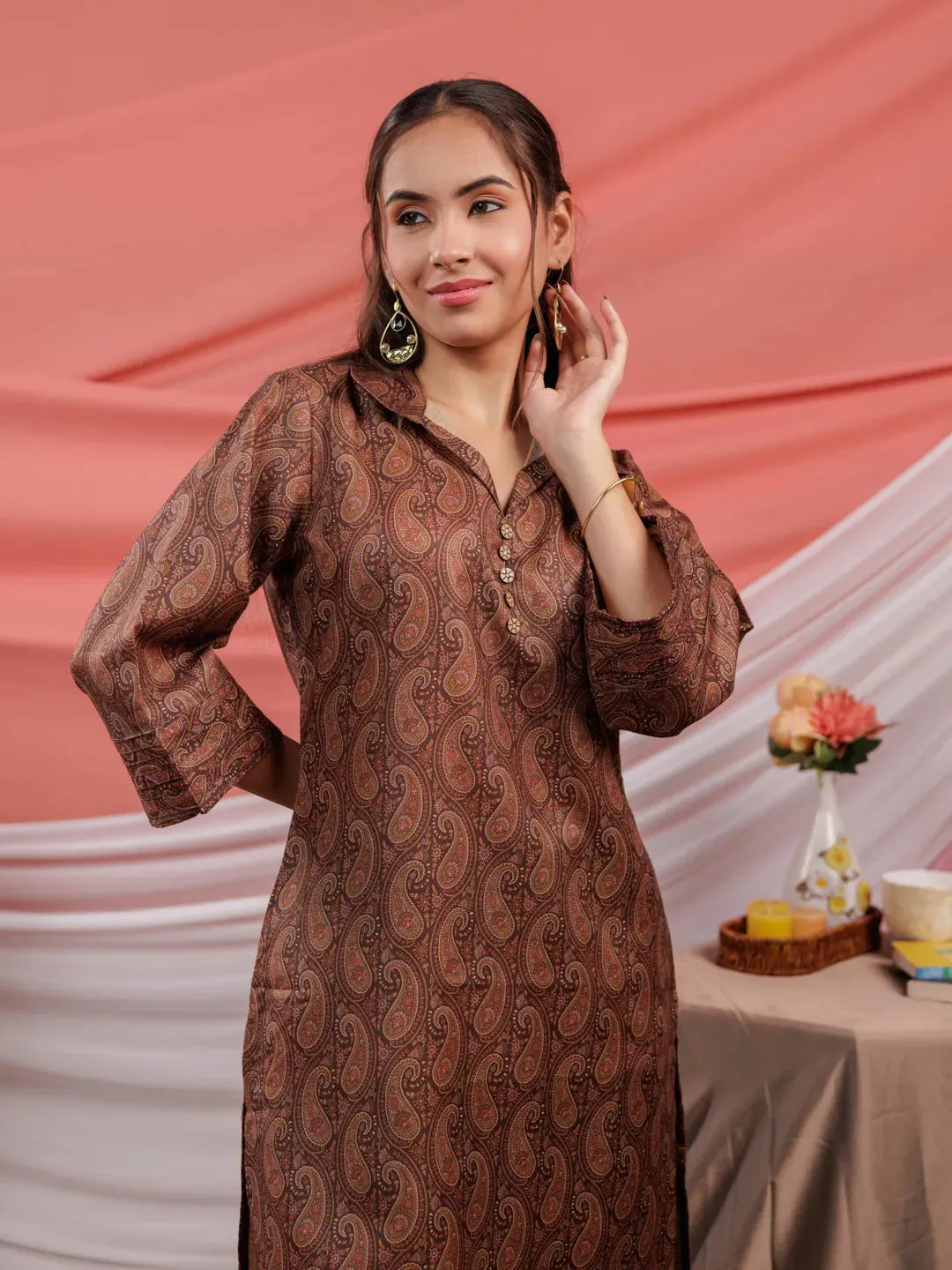 Cotton Brown Digital Printed Workwear Co Ord Set With Pintuck Detailing On Flared Sleeves
