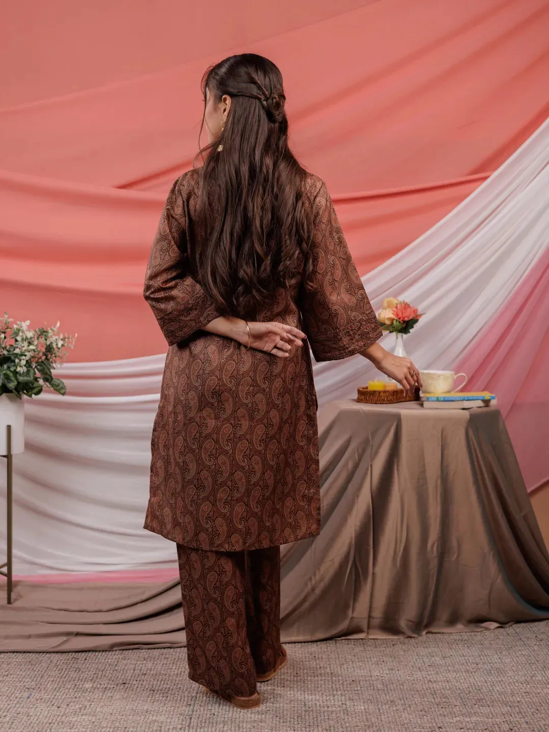 Cotton Brown Digital Printed Workwear Co Ord Set With Pintuck Detailing On Flared Sleeves