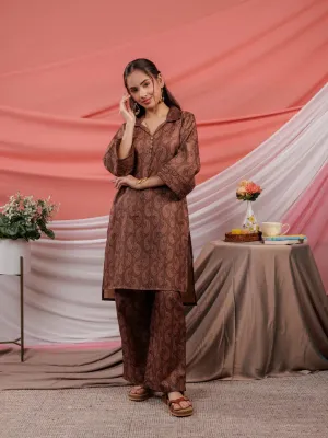 Cotton Brown Digital Printed Workwear Co Ord Set With Pintuck Detailing On Flared Sleeves