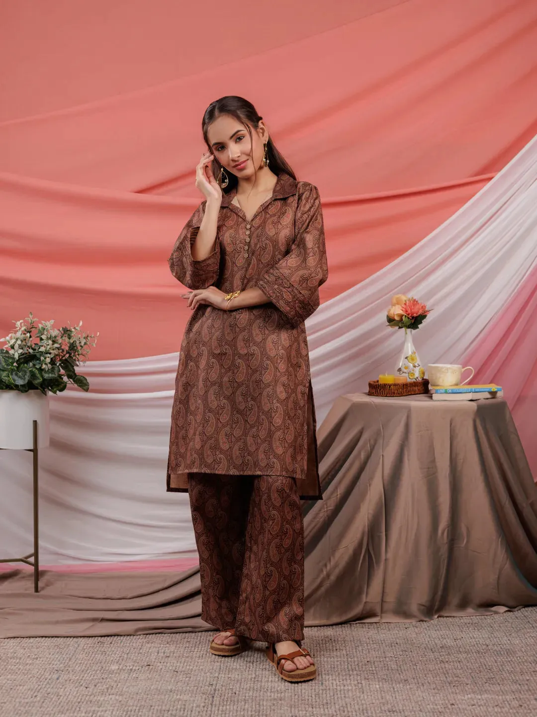 Cotton Brown Digital Printed Workwear Co Ord Set With Pintuck Detailing On Flared Sleeves