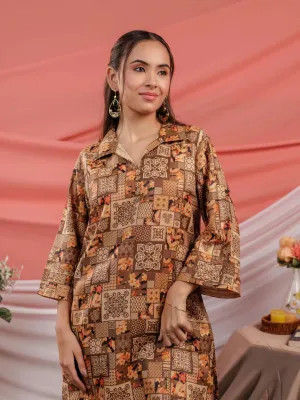 Cotton Brown Digital Printed Workwear Co Ord Set With Pintuck Detailing On Sleeves